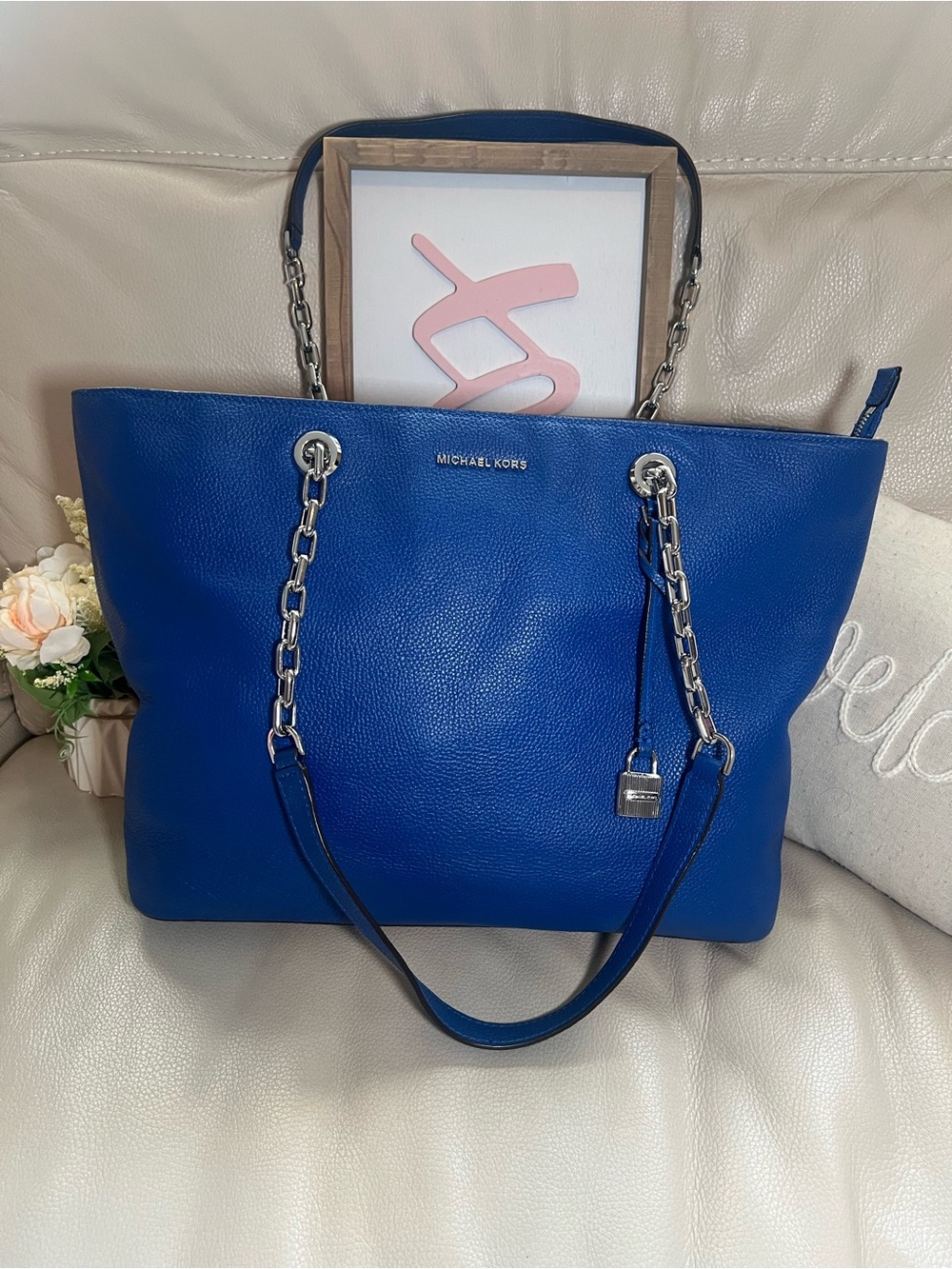 Vintage MICHAEL KORS Mercer Large Leather Tote Bag In Electric Cobalt Blue